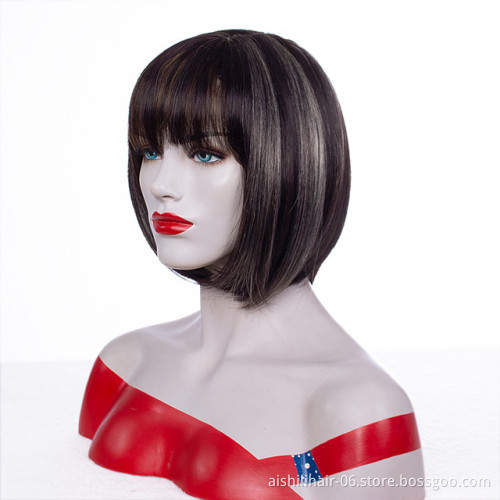 Wholesale stort brown mix blonde bob wig with natural bangs synthetic hair wigs for women
